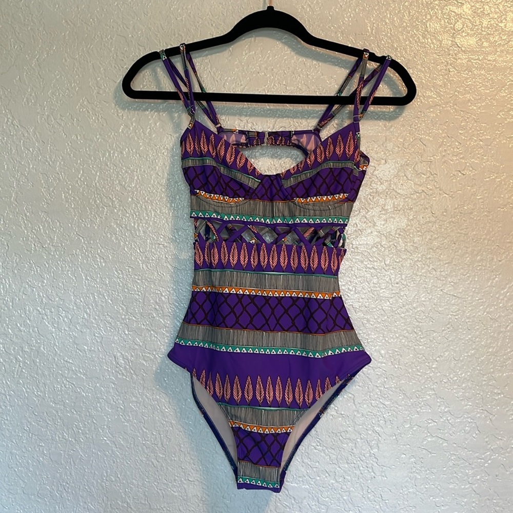 NEW Mara Hoffman Swim Lattice One Piece Purple Feather Motif XS